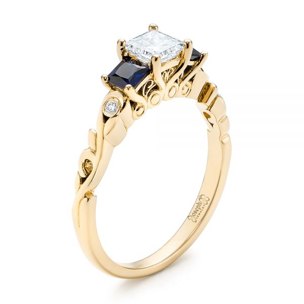 18k Yellow Gold 18k Yellow Gold Custom Three Stone Blue Sapphire And Diamond Engagement Ring - Three-Quarter View -  103146