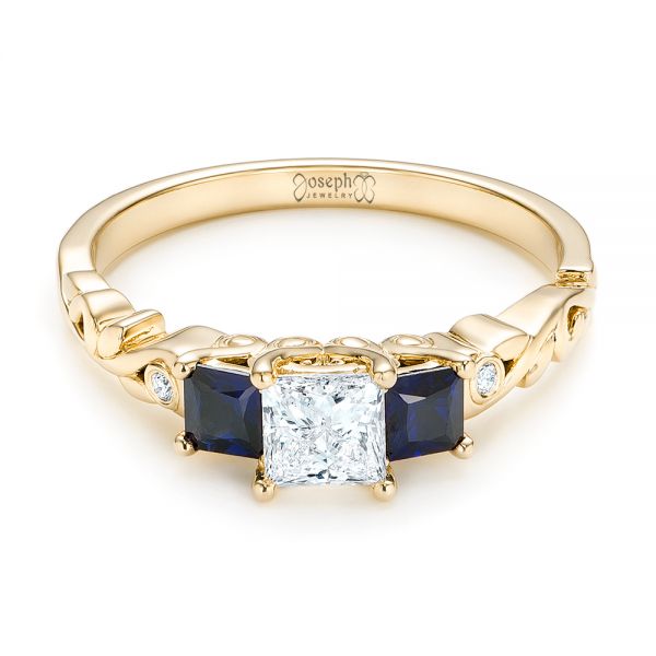 18k Yellow Gold 18k Yellow Gold Custom Three Stone Blue Sapphire And Diamond Engagement Ring - Flat View -  103146