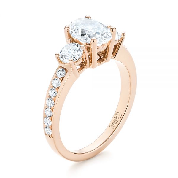 18k Rose Gold 18k Rose Gold Custom Three Stone Diamond Engagement Ring - Three-Quarter View -  103651