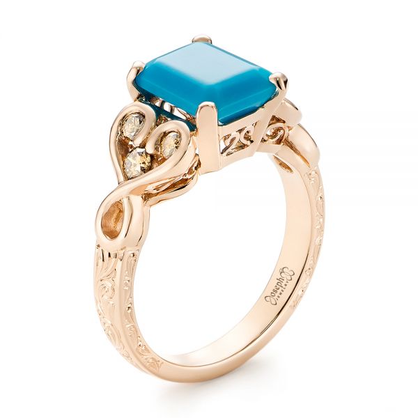 Custom Rose Gold Turquoise and Champagne Diamond Engagement Ring - Image