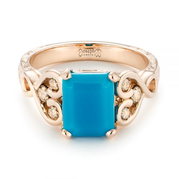 18k Rose Gold Custom Turquoise And Champagne Diamond Engagement Ring - Flat View -  103377