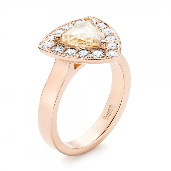 14k Rose Gold Custom Yellow And White Diamond Halo Engagement Ring - Three-Quarter View -  103068