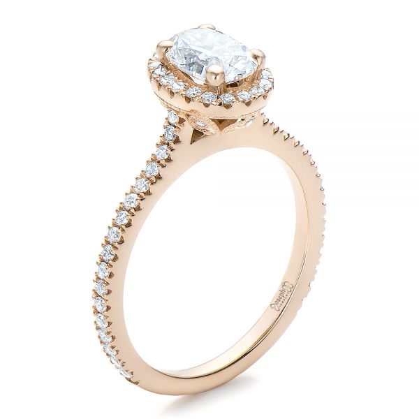 14k Rose Gold Custom Diamond Halo Engagement Ring - Three-Quarter View -  100741