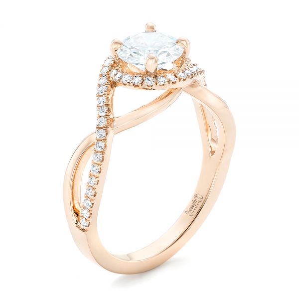 14k Rose Gold Custom Diamond Halo Engagement Ring - Three-Quarter View -  102525