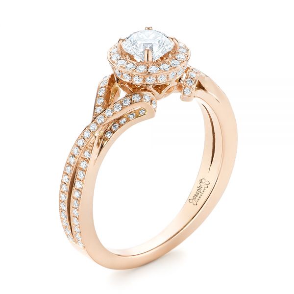 14k Rose Gold Custom Diamond Halo Engagement Ring - Three-Quarter View -  103327