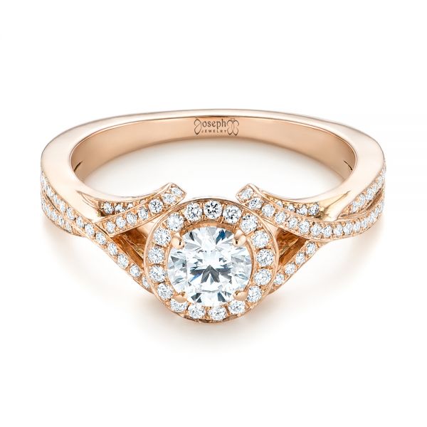 14k Rose Gold Custom Diamond Halo Engagement Ring - Flat View -  103327