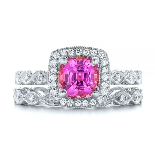  Platinum Platinum Custom Pink Sapphire Engagement Ring - Three-Quarter View -  102285