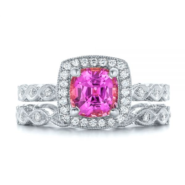 14k White Gold 14k White Gold Custom Pink Sapphire Engagement Ring - Three-Quarter View - 102285