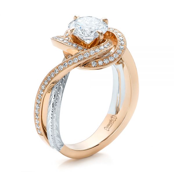 14k Rose Gold And Platinum Custom Diamond Engagement Ring - Three-Quarter View -  100822