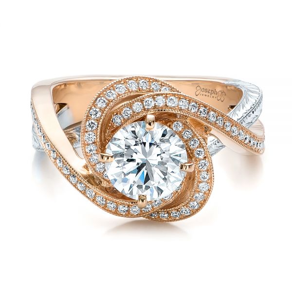 14k Rose Gold And Platinum Custom Diamond Engagement Ring - Flat View -  100822
