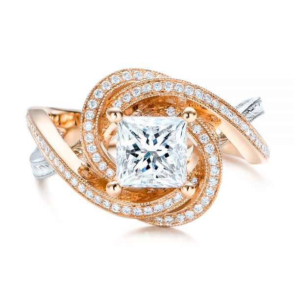 14k Rose Gold And Platinum Custom Diamond Engagement Ring - Top View -  101749