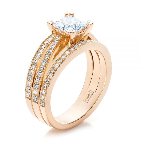 18k Rose Gold 18k Rose Gold Custom Princess Cut Diamond Engagement Ring - Three-Quarter View -  100657