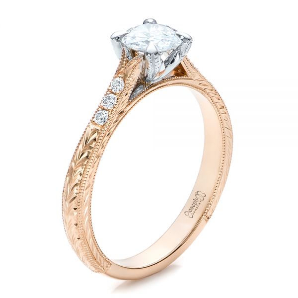 14k Rose Gold And Platinum Custom Diamond Engagement Ring - Three-Quarter View - 100860