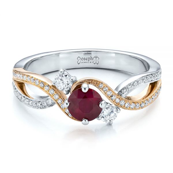  14K Gold And 18k Rose Gold 14K Gold And 18k Rose Gold Custom Ruby And Diamond Engagement Ring - Flat View -  100092