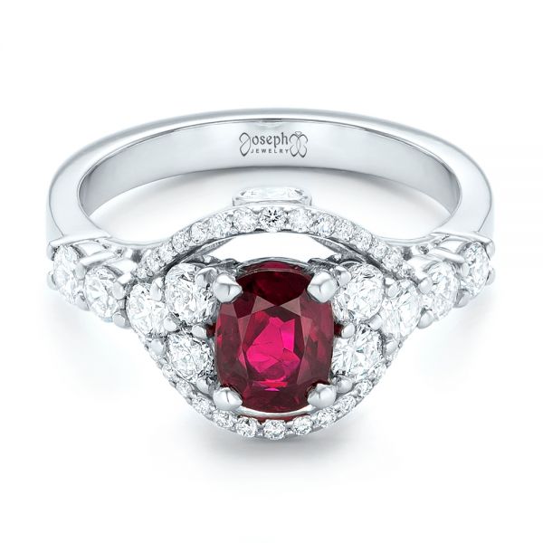 Platinum Custom Ruby And Diamond Engagement Ring - Flat View - 102900