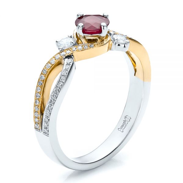  Platinum And 18k Yellow Gold Platinum And 18k Yellow Gold Custom Ruby And Diamond Engagement Ring - Three-Quarter View -  100092