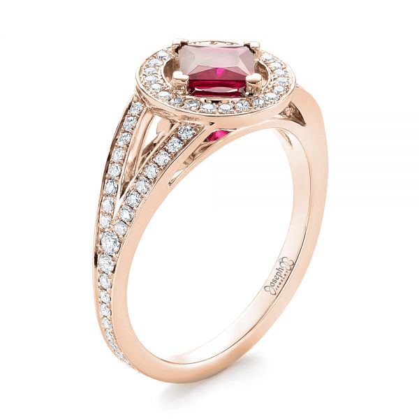 18k Rose Gold 18k Rose Gold Custom Ruby And Diamond Halo Engagement Ring - Three-Quarter View -  103403