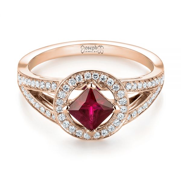 18k Rose Gold 18k Rose Gold Custom Ruby And Diamond Halo Engagement Ring - Flat View -  103403