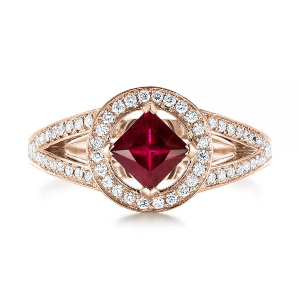 14k Rose Gold 14k Rose Gold Custom Ruby And Diamond Halo Engagement Ring - Top View -  103403