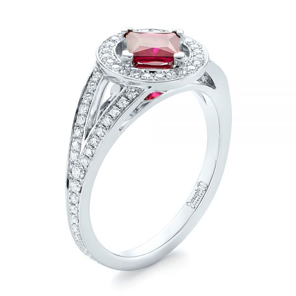  Platinum Platinum Custom Ruby And Diamond Halo Engagement Ring - Three-Quarter View -  103403