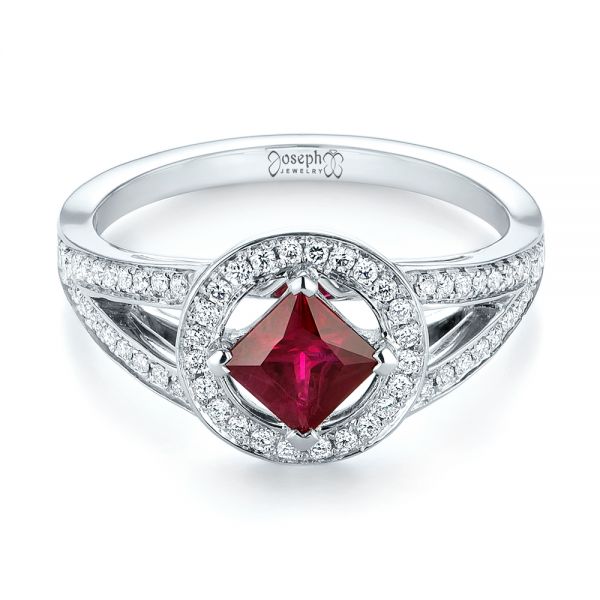 14k White Gold Custom Ruby And Diamond Halo Engagement Ring - Flat View - 103403