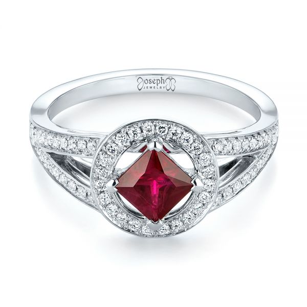  Platinum Platinum Custom Ruby And Diamond Halo Engagement Ring - Flat View -  103403