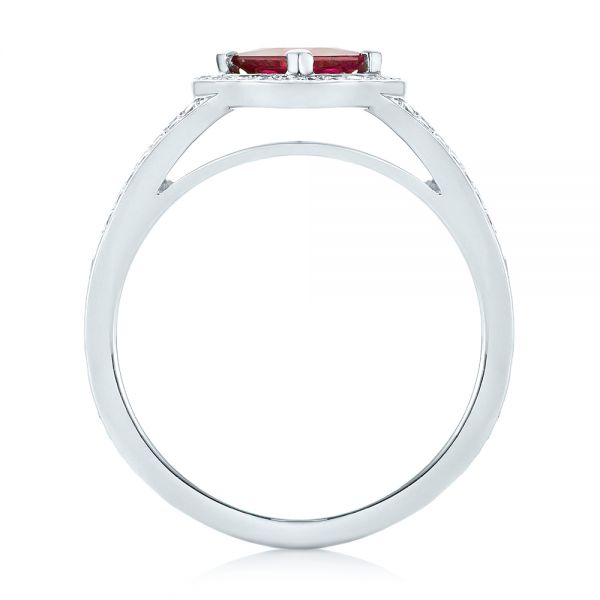14k White Gold Custom Ruby And Diamond Halo Engagement Ring - Front View - 103403