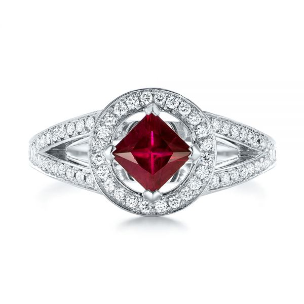 14k White Gold Custom Ruby And Diamond Halo Engagement Ring - Top View - 103403