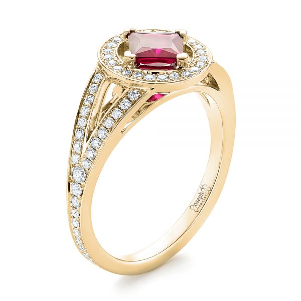 18k Yellow Gold 18k Yellow Gold Custom Ruby And Diamond Halo Engagement Ring - Three-Quarter View - 103403