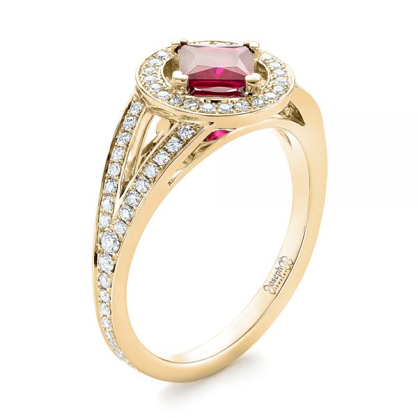 18k Yellow Gold 18k Yellow Gold Custom Ruby And Diamond Halo Engagement Ring - Three-Quarter View -  103403