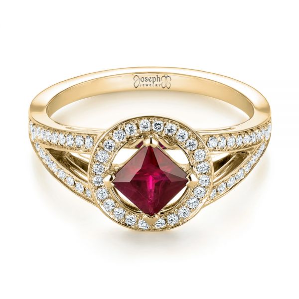 18k Yellow Gold 18k Yellow Gold Custom Ruby And Diamond Halo Engagement Ring - Flat View - 103403