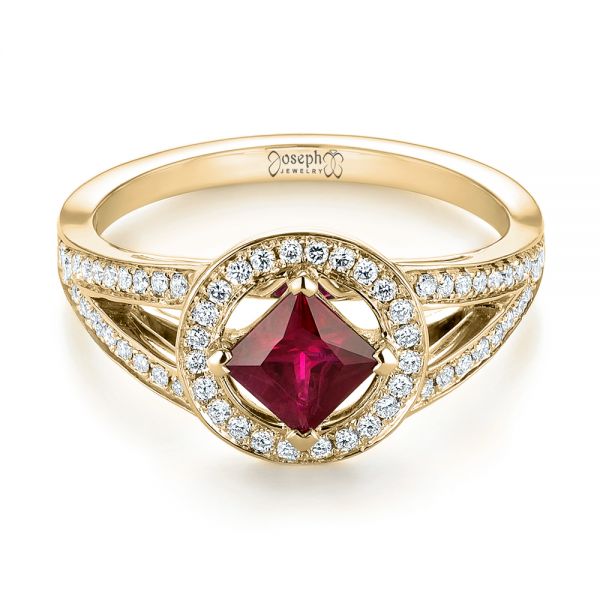 18k Yellow Gold 18k Yellow Gold Custom Ruby And Diamond Halo Engagement Ring - Flat View -  103403