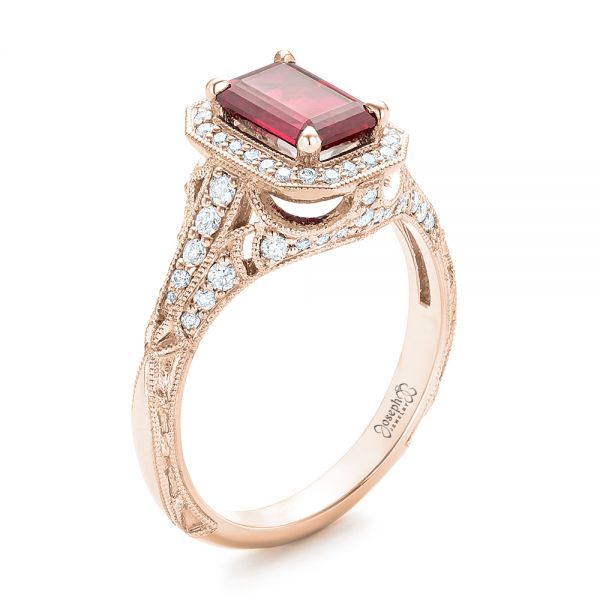 14k Rose Gold 14k Rose Gold Custom Ruby And Diamond Halo Vintage Engagement Ring - Three-Quarter View -  102729