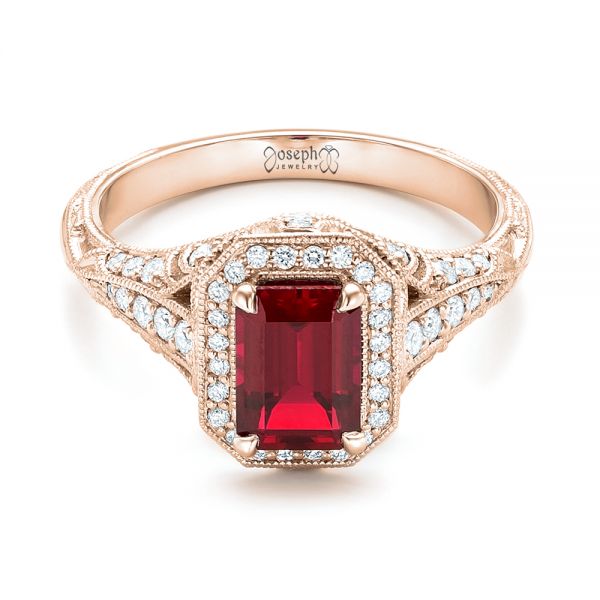 14k Rose Gold 14k Rose Gold Custom Ruby And Diamond Halo Vintage Engagement Ring - Flat View -  102729
