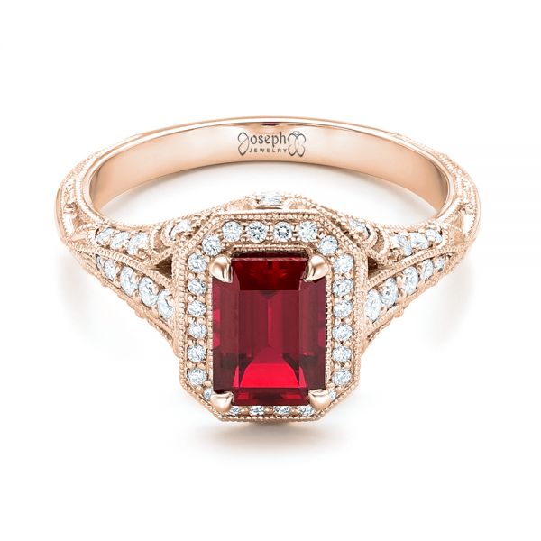 14k Rose Gold 14k Rose Gold Custom Ruby And Diamond Halo Vintage Engagement Ring - Flat View - 102729