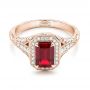 18k Rose Gold 18k Rose Gold Custom Ruby And Diamond Halo Vintage Engagement Ring - Flat View -  102729 - Thumbnail