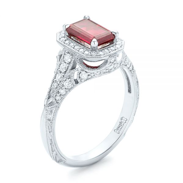 18k White Gold 18k White Gold Custom Ruby And Diamond Halo Vintage Engagement Ring - Three-Quarter View -  102729