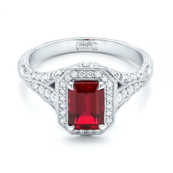 14k White Gold 14k White Gold Custom Ruby And Diamond Halo Vintage Engagement Ring - Flat View -  102729