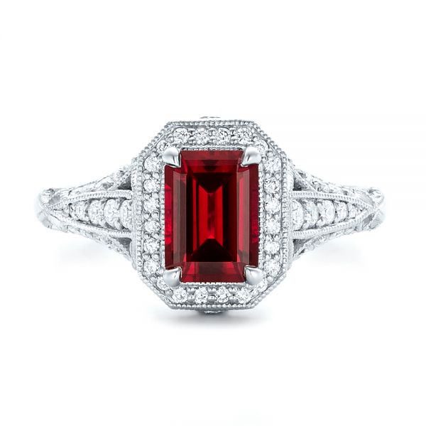 18k White Gold 18k White Gold Custom Ruby And Diamond Halo Vintage Engagement Ring - Top View -  102729