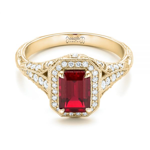 14k Yellow Gold 14k Yellow Gold Custom Ruby And Diamond Halo Vintage Engagement Ring - Flat View -  102729