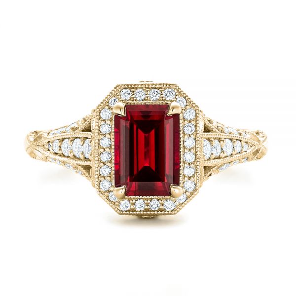 14k Yellow Gold 14k Yellow Gold Custom Ruby And Diamond Halo Vintage Engagement Ring - Top View -  102729