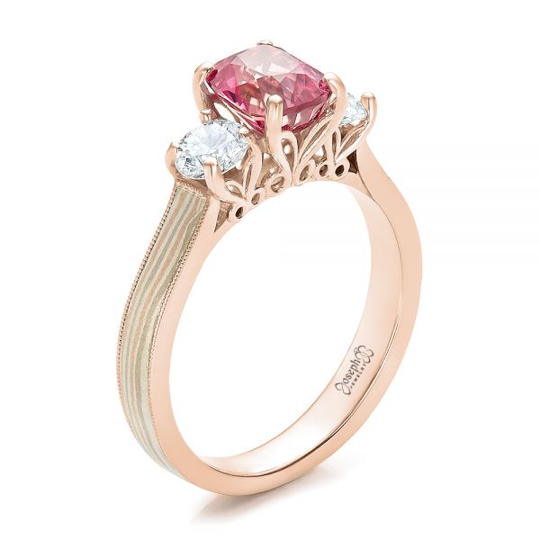 18k Rose Gold 18k Rose Gold Custom Sapphire Diamond And Mokume Engagement Ring - Three-Quarter View -  100771