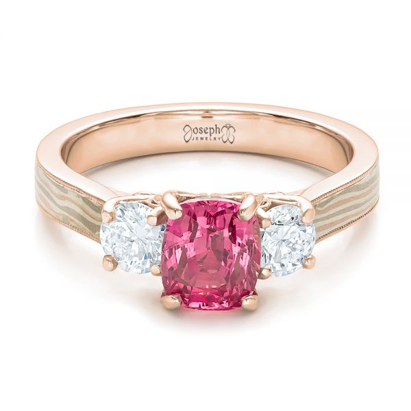 14k Rose Gold 14k Rose Gold Custom Sapphire Diamond And Mokume Engagement Ring - Flat View -  100771