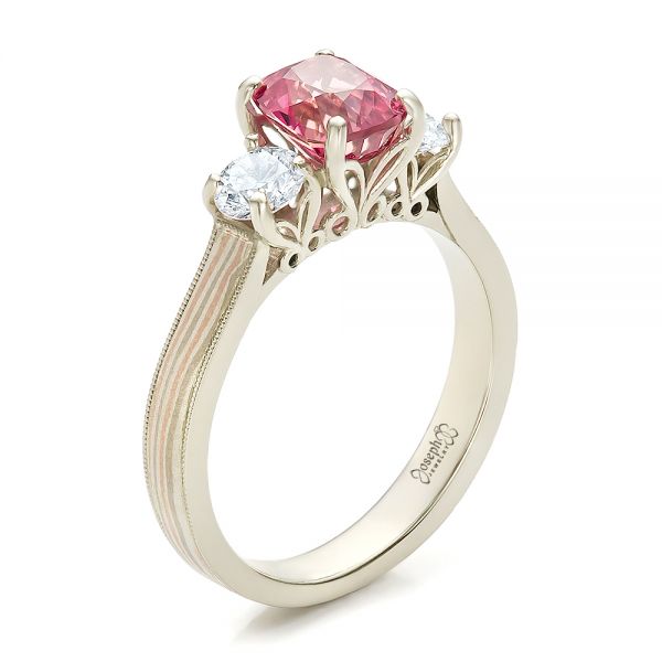 18k White Gold 18k White Gold Custom Sapphire Diamond And Mokume Engagement Ring - Three-Quarter View -  100771