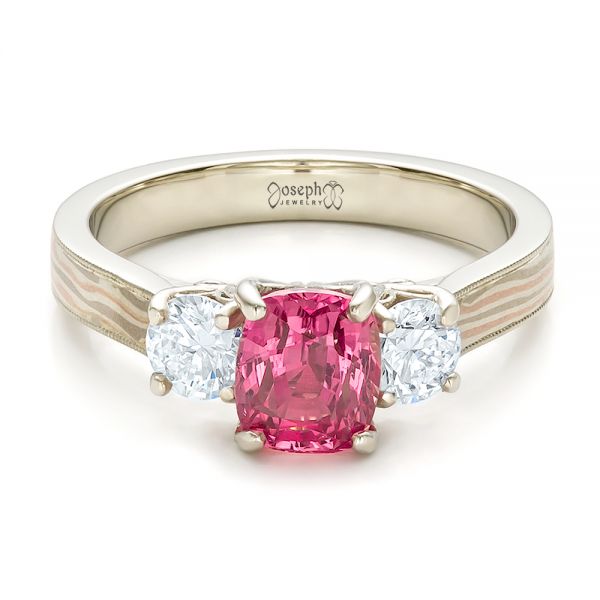 14k White Gold Custom Sapphire Diamond And Mokume Engagement Ring - Flat View -  100771