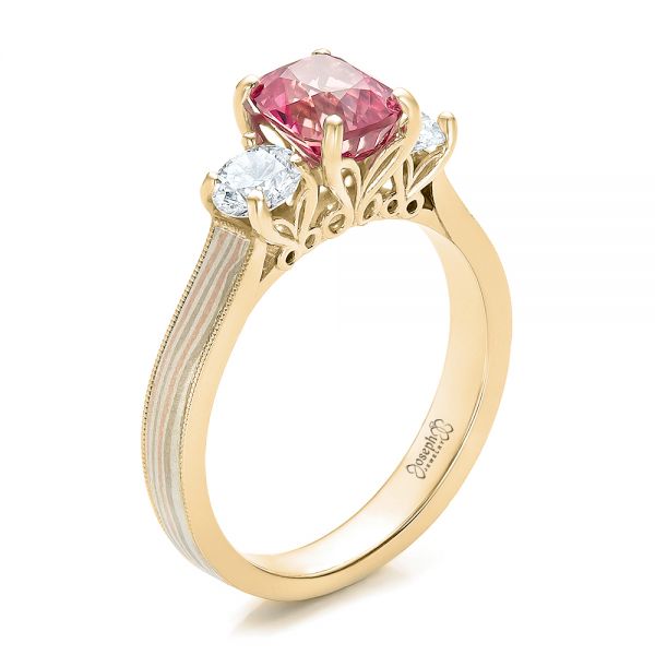 18k Yellow Gold 18k Yellow Gold Custom Sapphire Diamond And Mokume Engagement Ring - Three-Quarter View -  100771