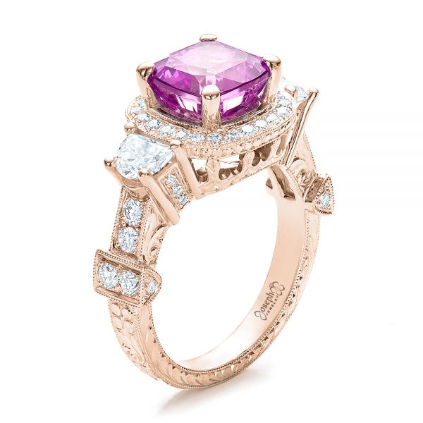 14k Rose Gold 14k Rose Gold Custom Sapphire And Diamond Halo Engagement Ring - Three-Quarter View -  100270
