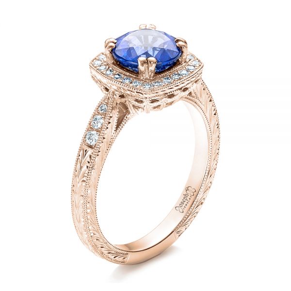 18k Rose Gold 18k Rose Gold Custom Sapphire And Diamond Halo Engagement Ring - Three-Quarter View -  102036