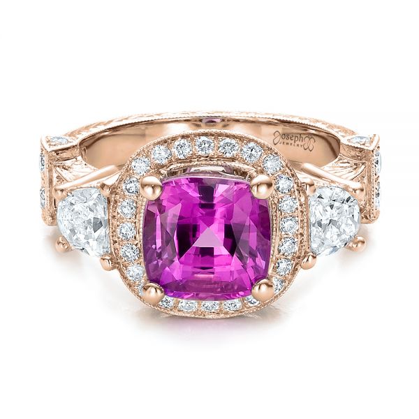 18k Rose Gold 18k Rose Gold Custom Sapphire And Diamond Halo Engagement Ring - Flat View - 100270