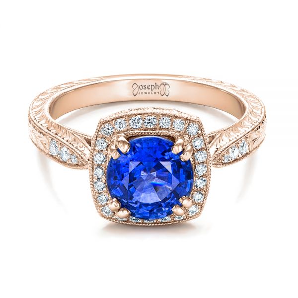 18k Rose Gold 18k Rose Gold Custom Sapphire And Diamond Halo Engagement Ring - Flat View -  102036